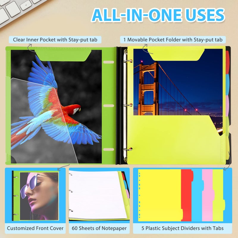 ووت آي WOT I 2-Pack Telescoping 3 Ring Binder Notebooks - غطاء قابل للتخصيص، 5 فواصل ومجلد جيب في منظم واحد رفيع (60 ورقة متضمنة)، أخضر - Image 5